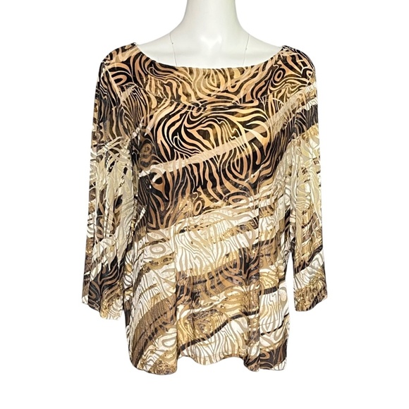 Chicos Velvet Burnout Top Brown Beige Tiger Stripe Elegant Boho Size 3 (XL) - Picture 1 of 7